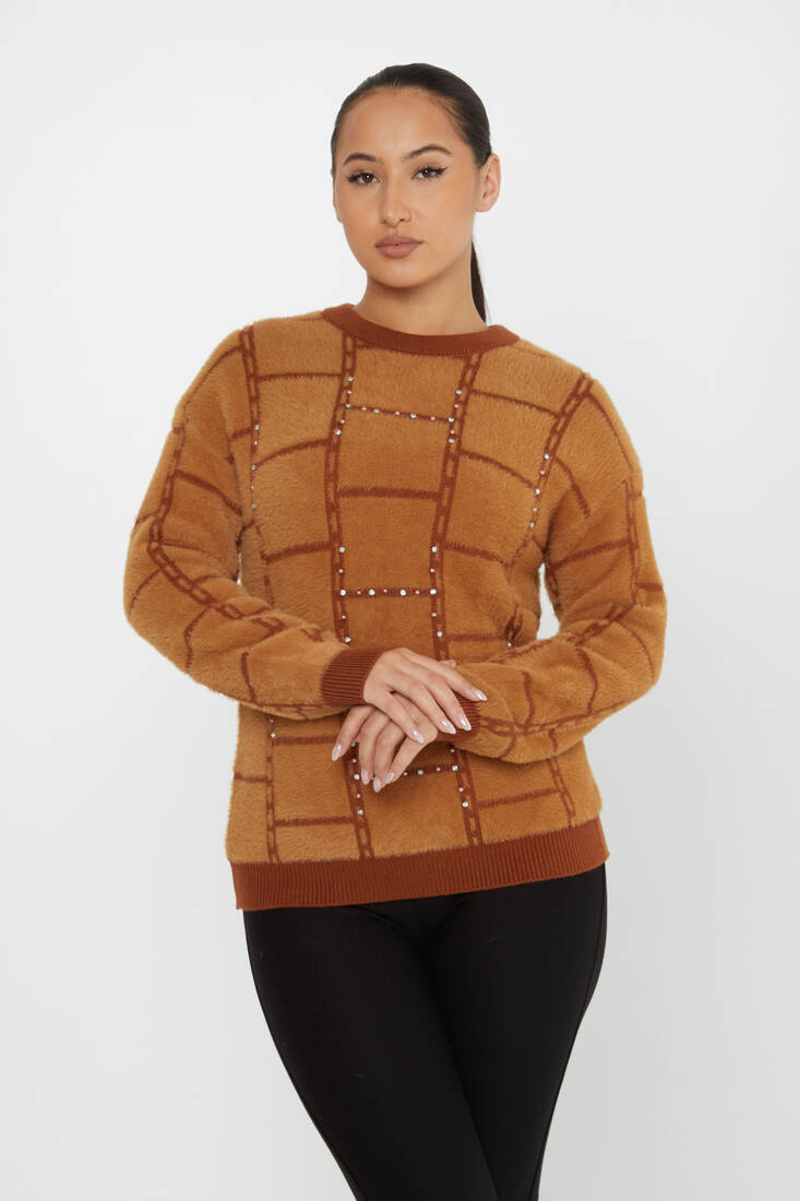 Women's Angora Sweater Beaded Detail Brown - 30209 | KAZEE