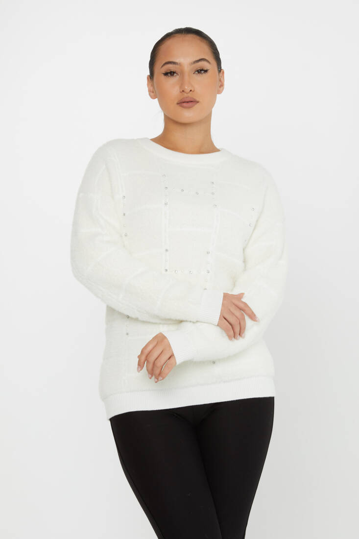 Women's Angora Sweater Beaded Detail Ecru - 30209 | KAZEE