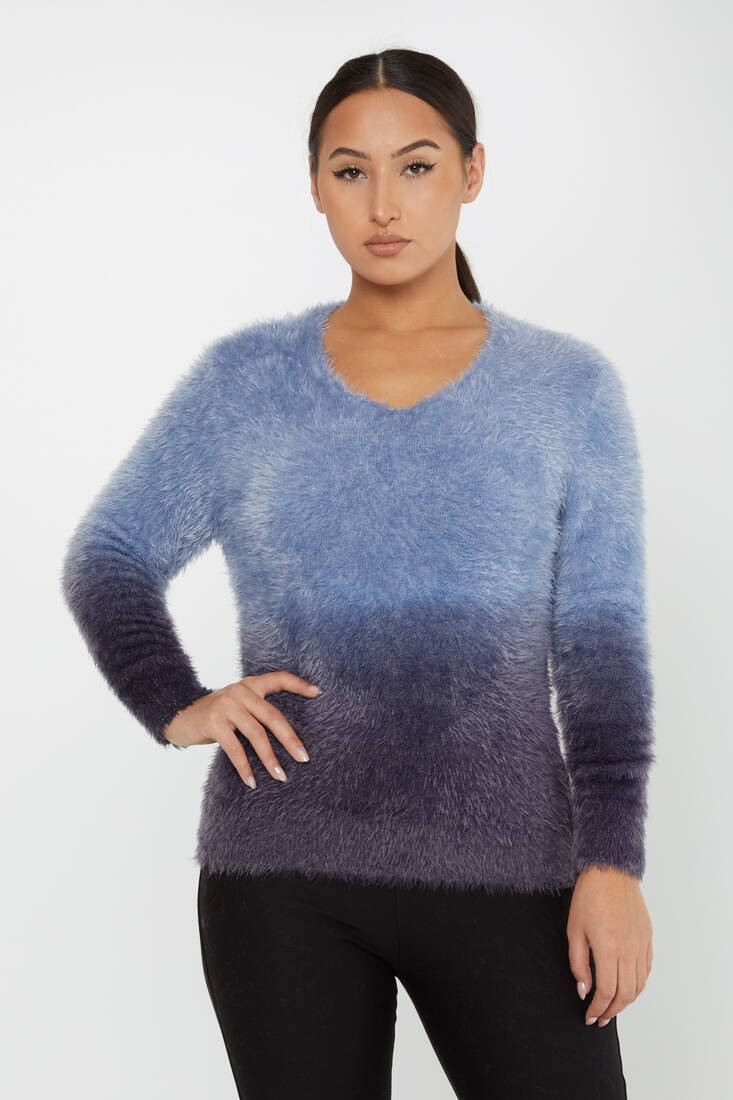 Women's Angora Sweater Color Transitional Crew Neck Blue - 31013 | KAZEE