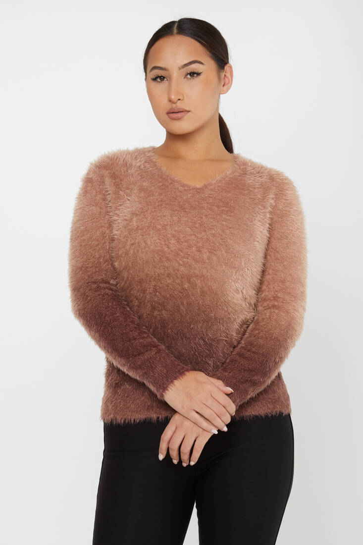 Women's Angora Sweater Color Transitional Crew Neck Brown - 31013 | KAZEE