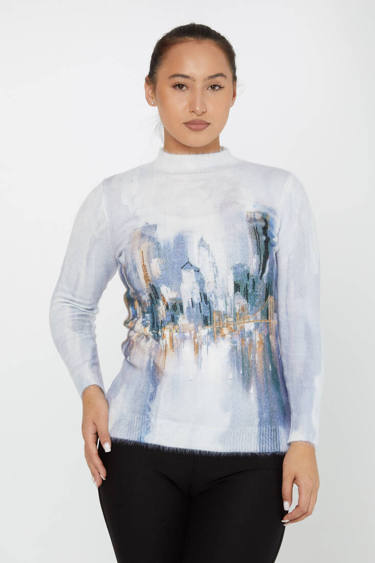 Women's Angora Sweater Digital Printed Light Blue - 50008| KAZEE