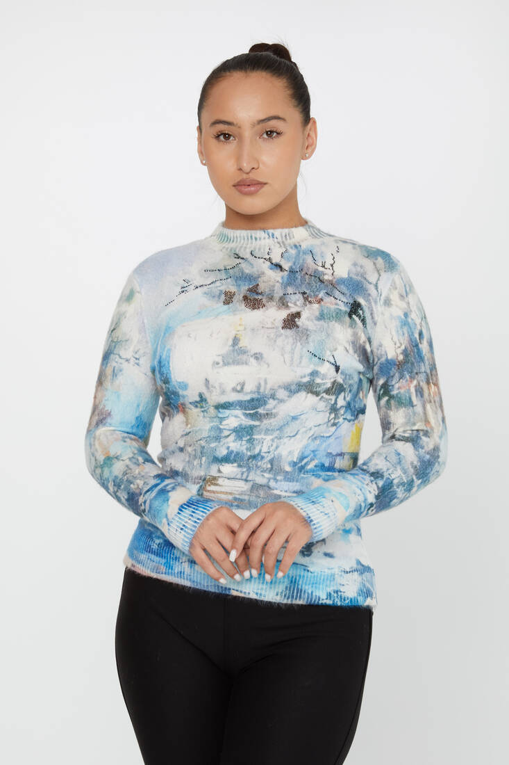 Women's Angora Sweater Digital Printed Light Blue - 50017| KAZEE