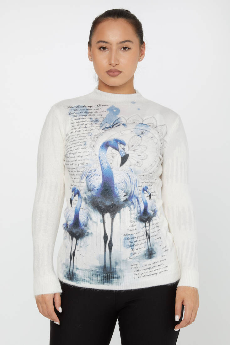 Women's Angora Sweater Flamingo Pattern Digital Printed Blue - 50003 | KAZEE