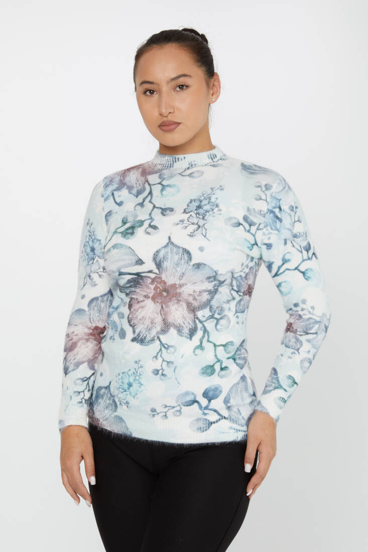 Women's Angora Sweater Floral Detail Digital Printed Ecru - 50010 | KAZEE