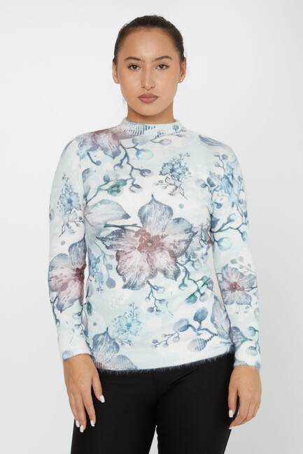 Women's Angora Sweater Floral Detail Digital Printed Ecru - 50010 | KAZEE - Thumbnail