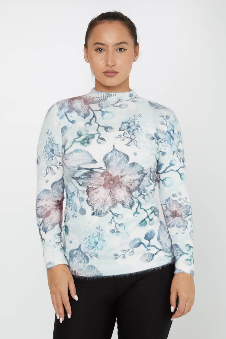 Women's Angora Sweater Floral Detail Digital Printed Ecru - 50010 | KAZEE