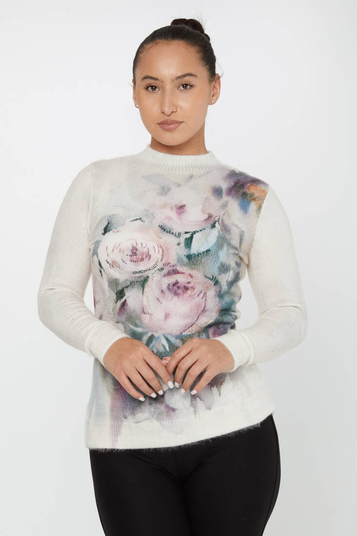 Women's Angora Sweater Floral Pattern Digital Printed Ecru - 50026 | KAZEE