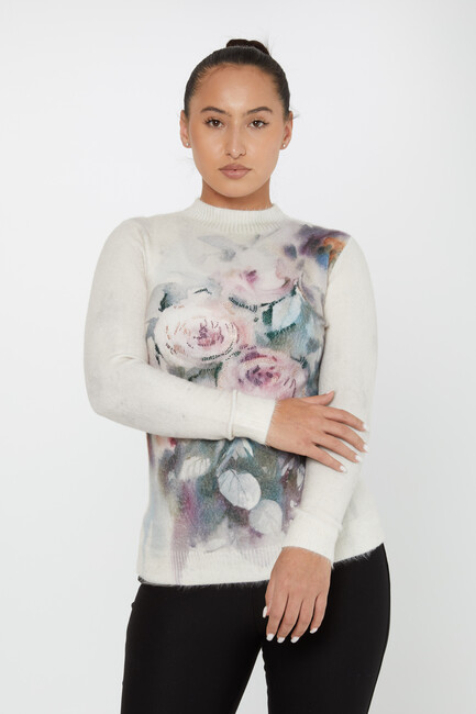 Women's Angora Sweater Floral Pattern Digital Printed Ecru - 50026 | KAZEE - Thumbnail