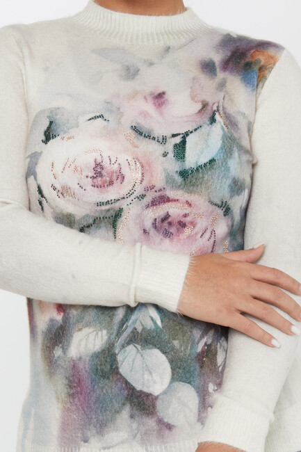 Women's Angora Sweater Floral Pattern Digital Printed Ecru - 50026 | KAZEE - Thumbnail