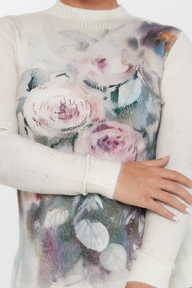 Women's Angora Sweater Floral Pattern Digital Printed Ecru - 50026 | KAZEE