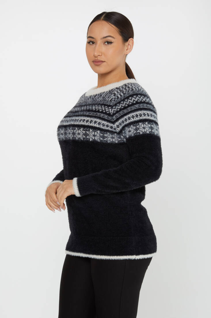 Women's Angora Knitwear Patterned Black-Ecru - 30682 | KAZEE