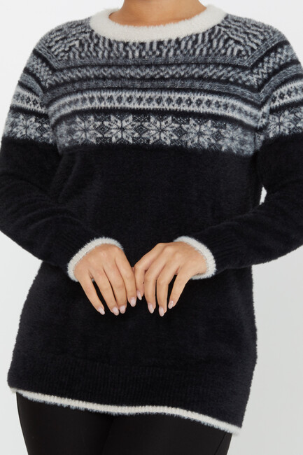 Women's Angora Knitwear Patterned Black-Ecru - 30682 | KAZEE - Thumbnail