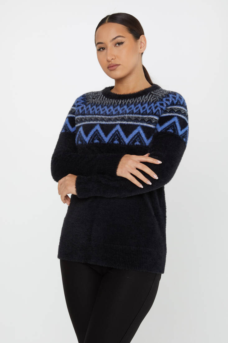 Women's Angora Sweater Patterned Black-Sax - 30682 | KAZEE