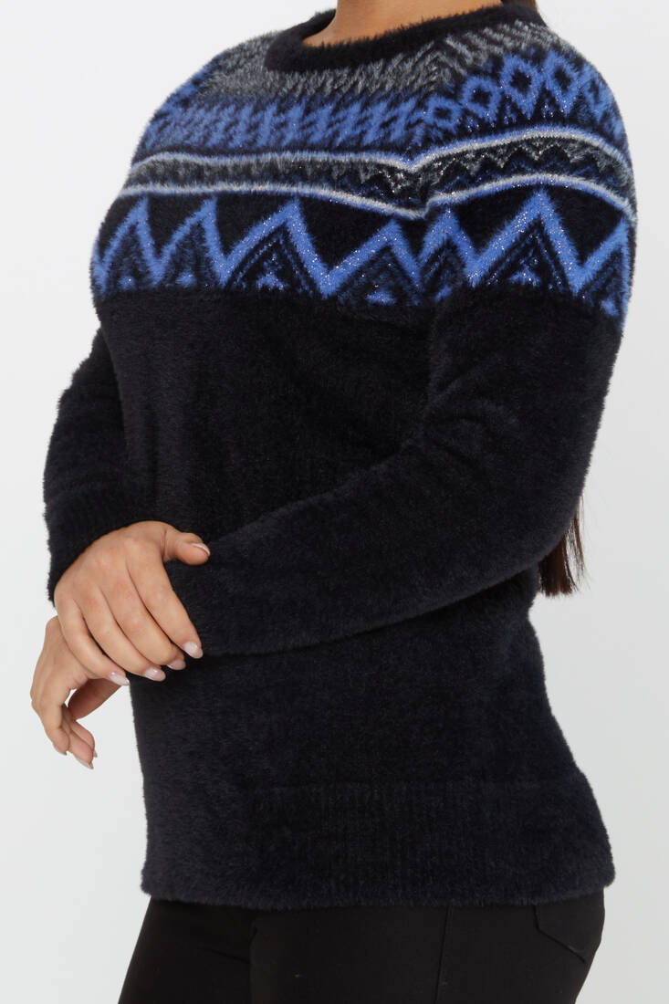 Women's Angora Sweater Patterned Black-Sax - 30682 | KAZEE