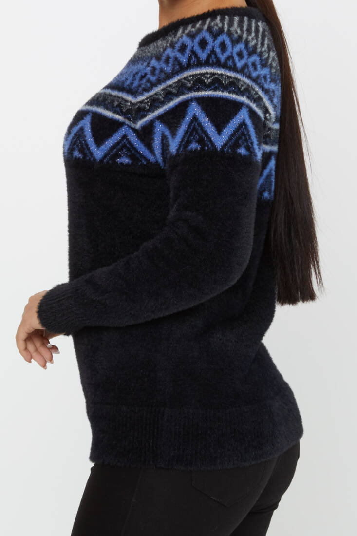 Women's Angora Sweater Patterned Black-Sax - 30682 | KAZEE