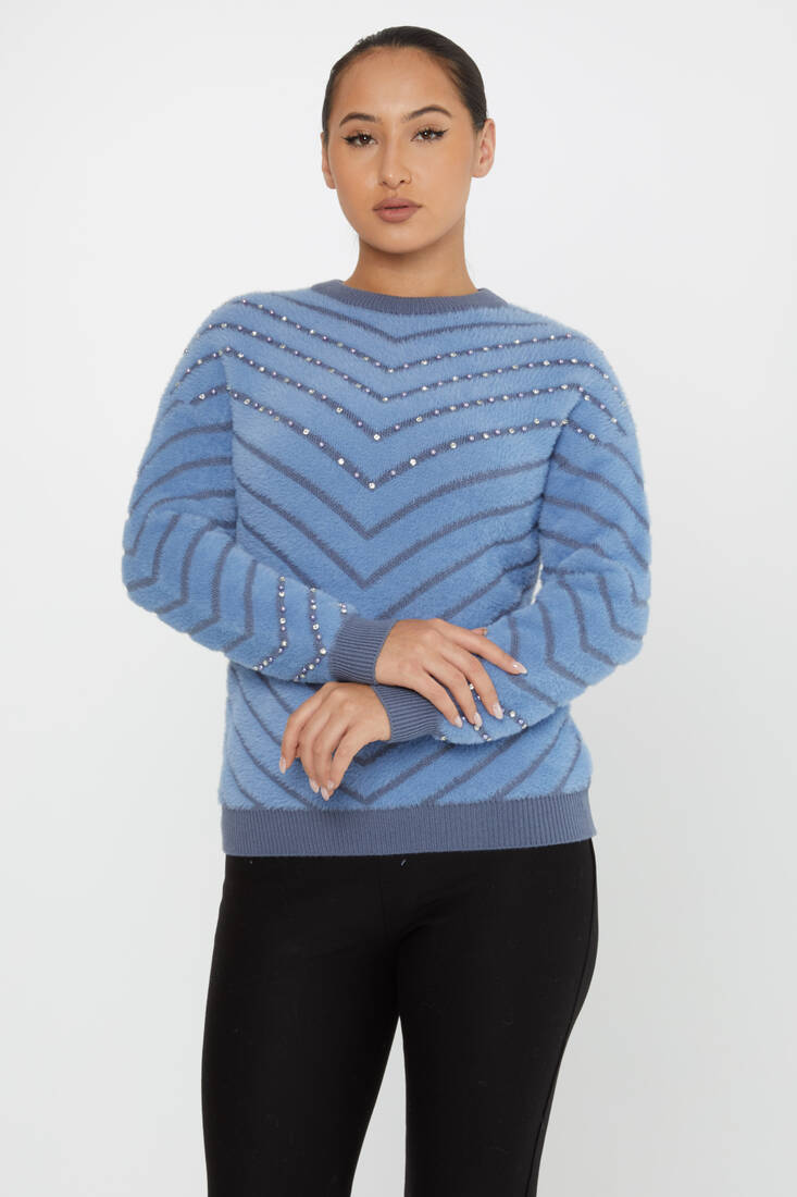 Women's Angora Sweater Patterned Blue - 30189 | KAZEE