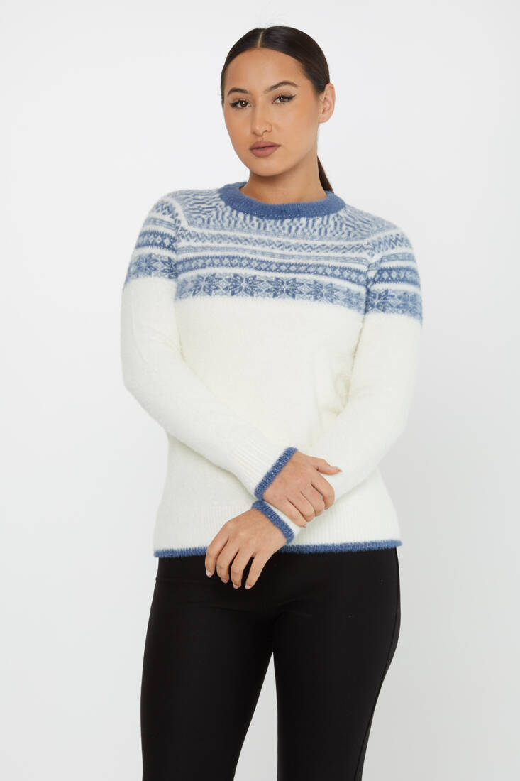 Women's Angora Sweater Patterned Ecru-Blue - 30682 | KAZEE