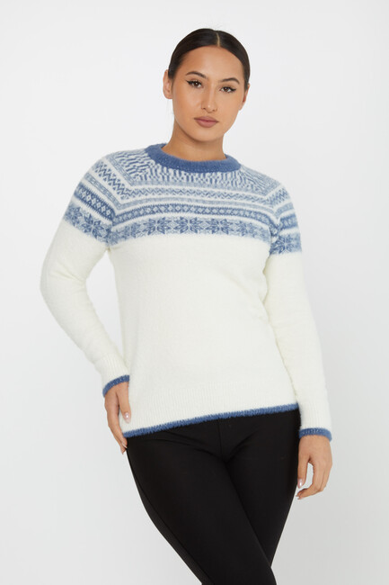 Women's Angora Sweater Patterned Ecru-Blue - 30682 | KAZEE - Thumbnail