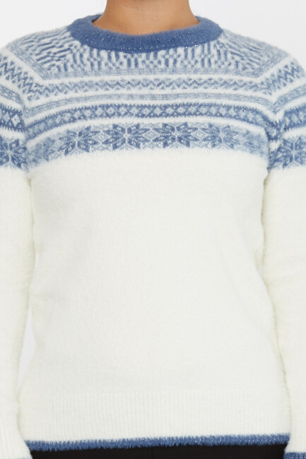 Women's Angora Sweater Patterned Ecru-Blue - 30682 | KAZEE - Thumbnail