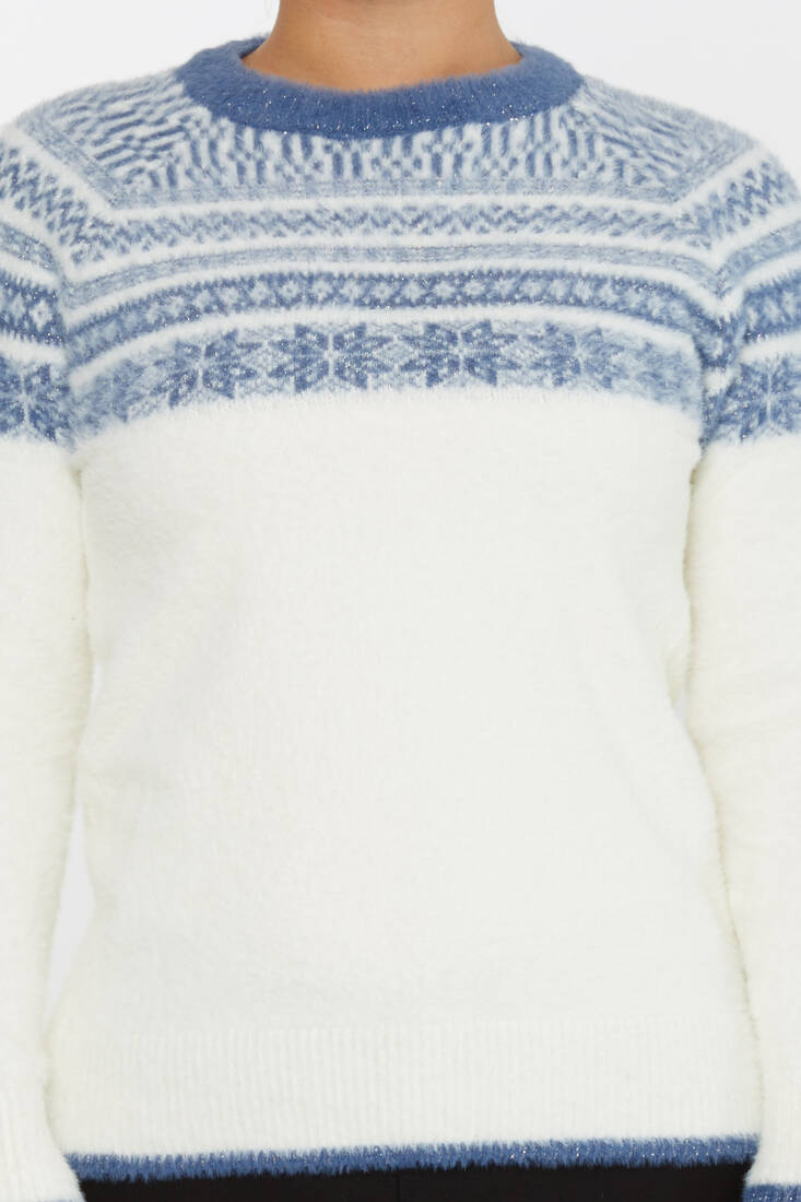 Women's Angora Sweater Patterned Ecru-Blue - 30682 | KAZEE