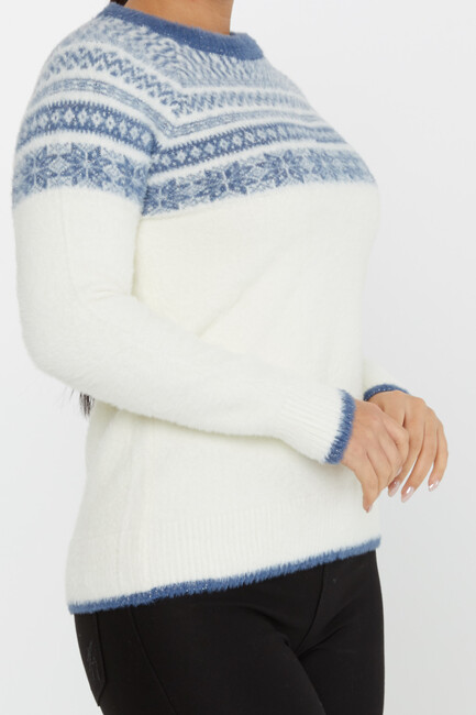 Women's Angora Sweater Patterned Ecru-Blue - 30682 | KAZEE - Thumbnail