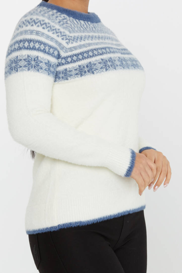 Women's Angora Sweater Patterned Ecru-Blue - 30682 | KAZEE