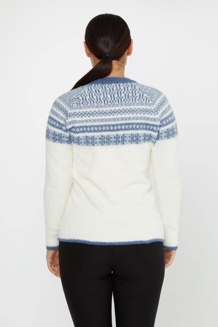 Women's Angora Sweater Patterned Ecru-Blue - 30682 | KAZEE - Thumbnail