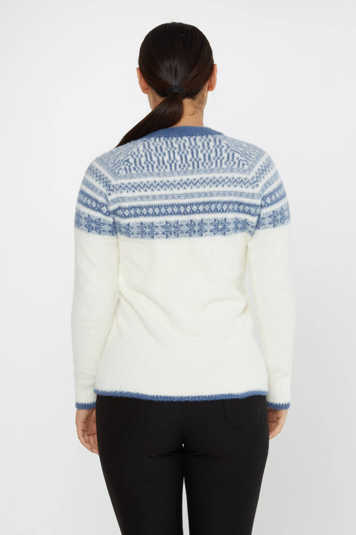 Women's Angora Sweater Patterned Ecru-Blue - 30682 | KAZEE