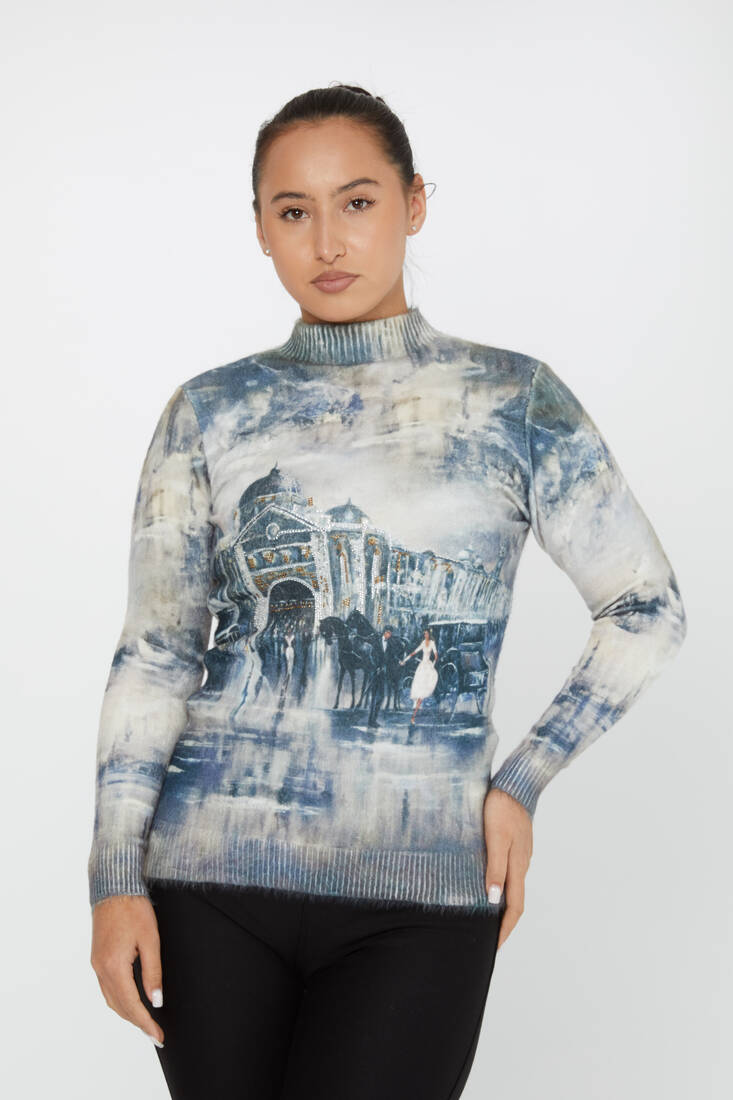 Women's Angora Knitwear Stone Digital Printed Navy Blue - 50011 | KAZEE