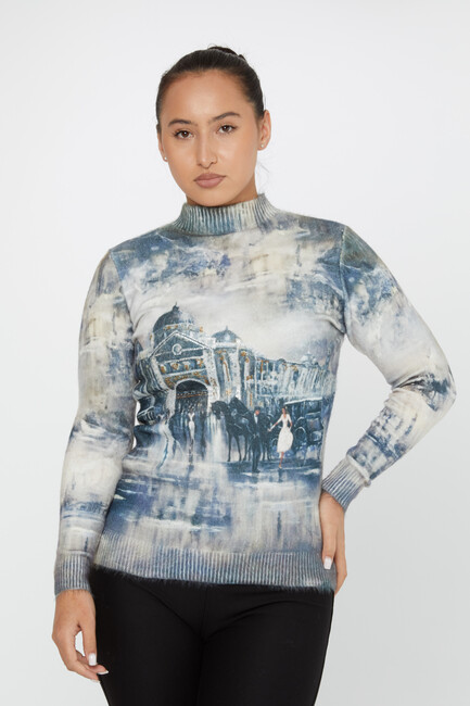 Women's Angora Knitwear Stone Digital Printed Navy Blue - 50011 | KAZEE - Thumbnail