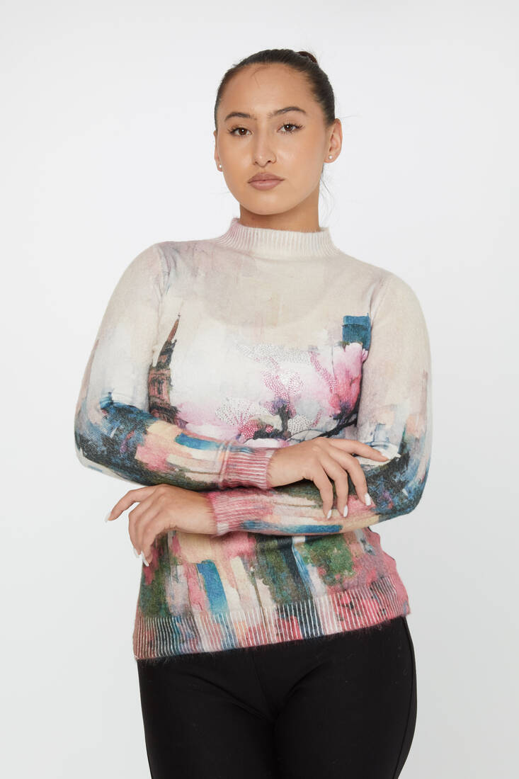 Women's Angora Knitwear Stone Digital Printed Ecru - 50021 | KAZEE