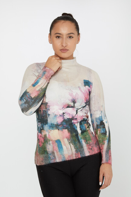 Women's Angora Knitwear Stone Digital Printed Ecru - 50021 | KAZEE - Thumbnail