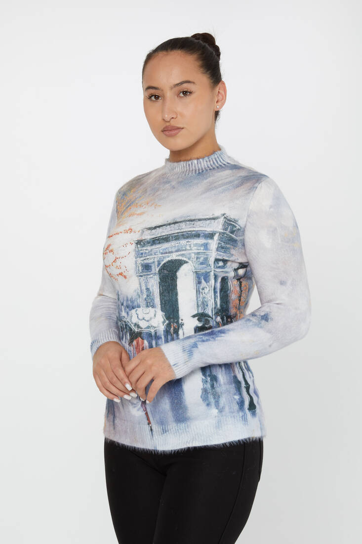 Women's Angora Knitwear Stone Digital Printed Ecru - 50023 | KAZEE