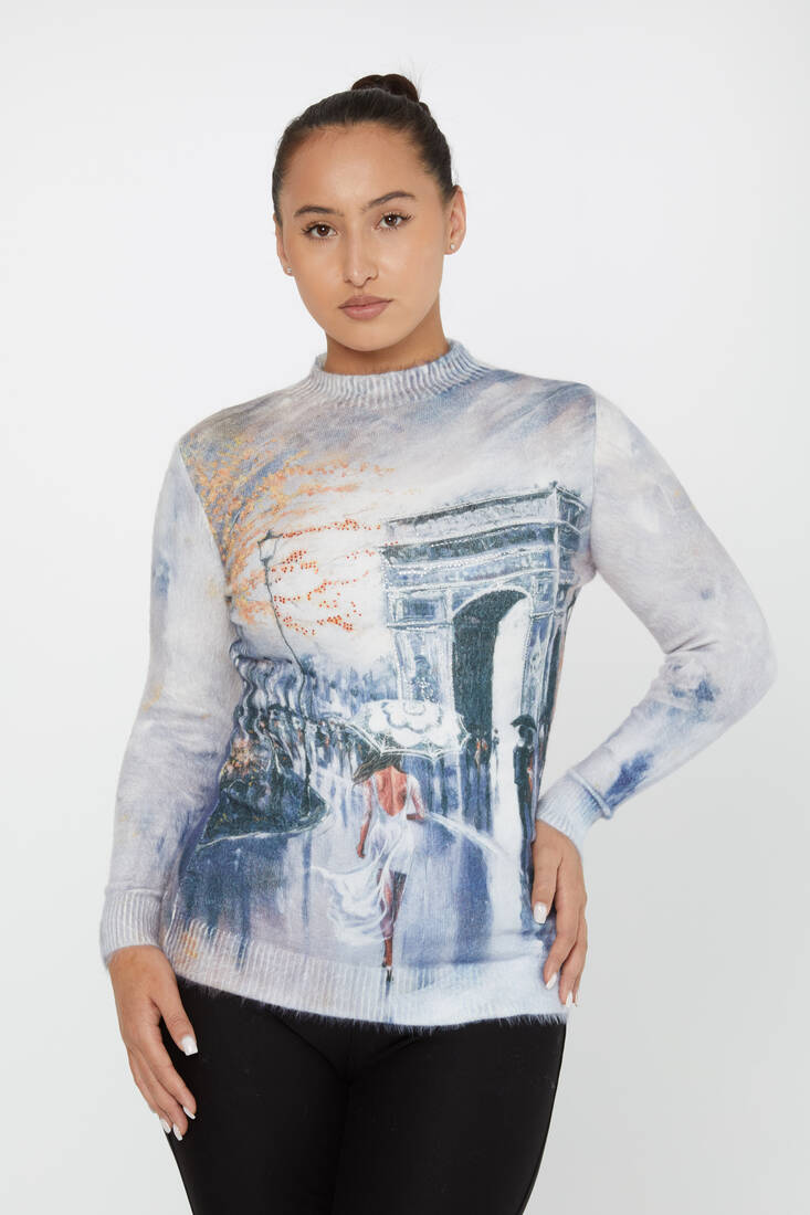 Women's Angora Knitwear Stone Digital Printed Ecru - 50023 | KAZEE