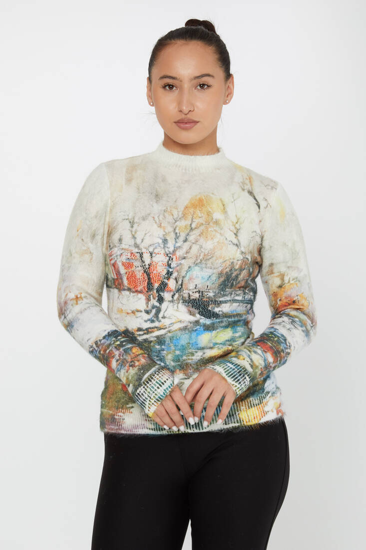 Women's Angora Knitwear Stone Digital Printed Pattern - 50020 | KAZEE