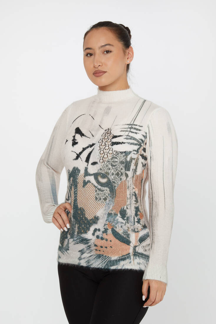 Women's Angora Sweater Tiger Patterned Stoned Ecru - 50002| KAZEE