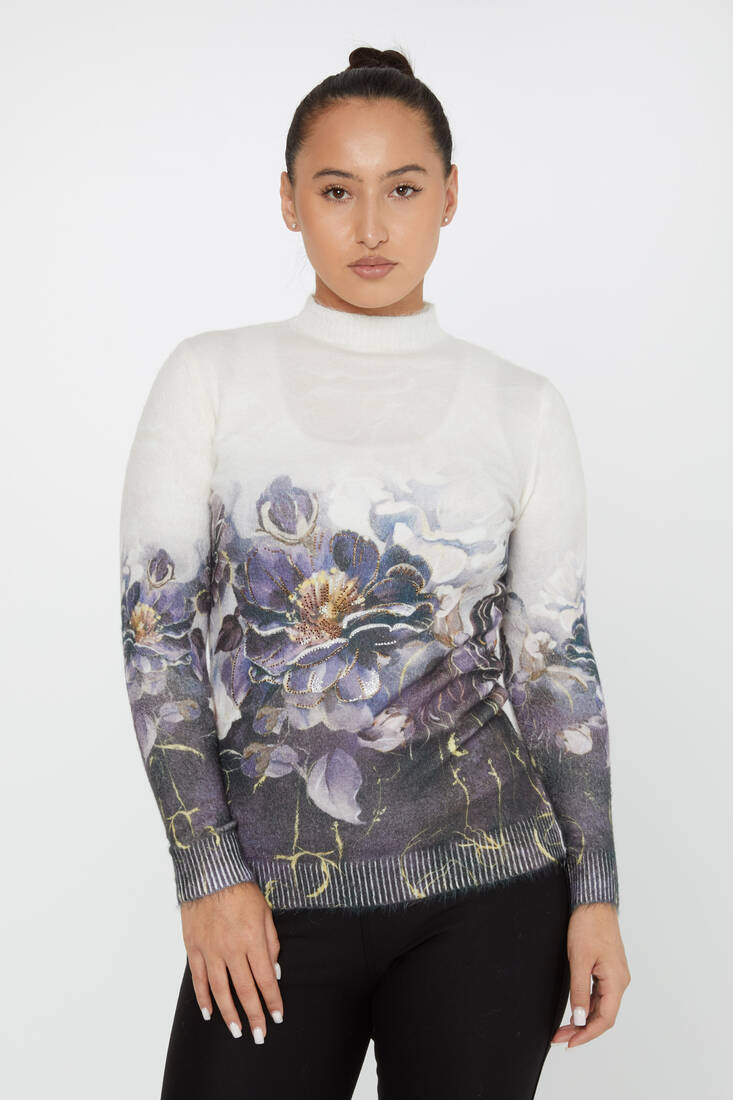 Women's Angora Sweater Stoned Floral Patterned Ecru - 50016 | KAZEE