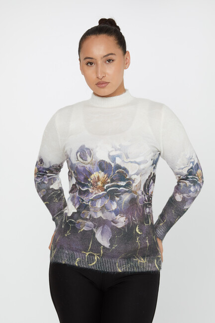 Women's Angora Sweater Stoned Floral Patterned Ecru - 50016 | KAZEE - Thumbnail