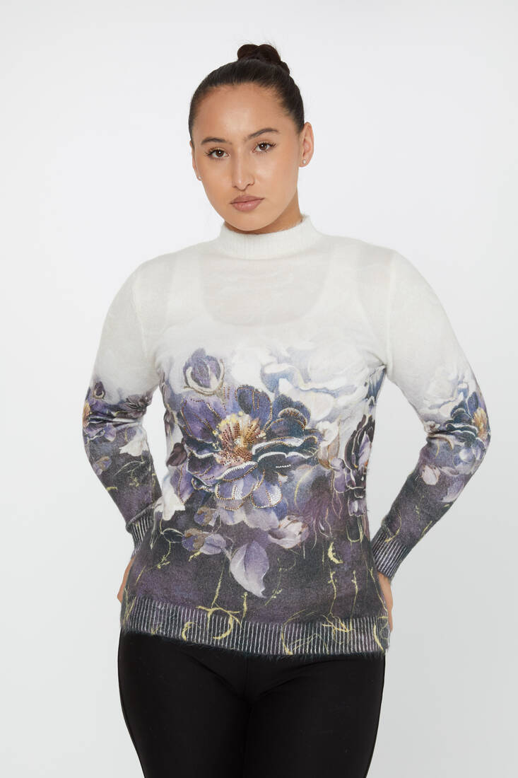 Women's Angora Sweater Stoned Floral Patterned Ecru - 50016 | KAZEE