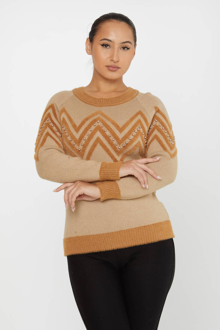 Women's Angora Sweater Zigzag Patterned Coffee - 30232 | KAZEE