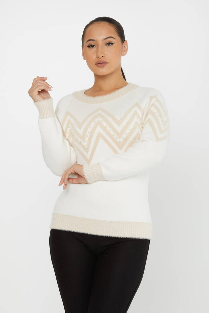 Women's Angora Sweater Zigzag Patterned Ecru - 30232 | KAZEE