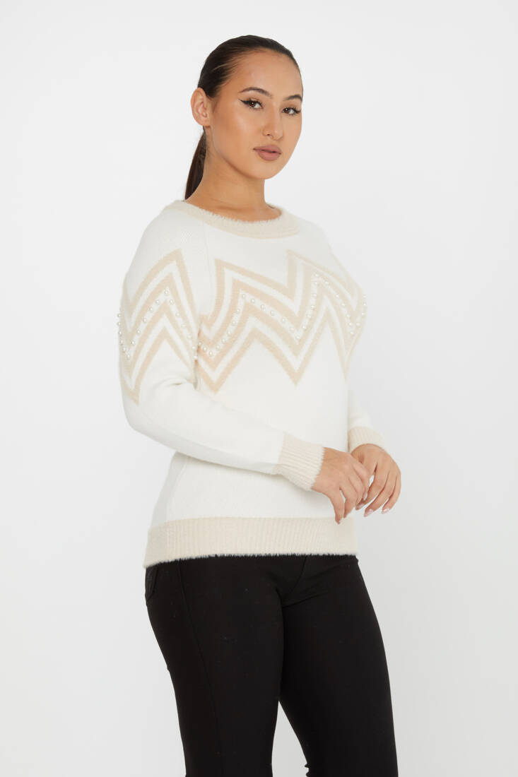 Women's Angora Sweater Zigzag Patterned Ecru - 30232 | KAZEE