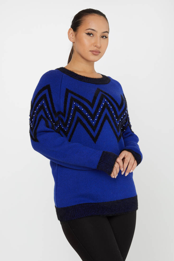 Women's Angora Sweater Zigzag Patterned Saxe - 30232 | KAZEE