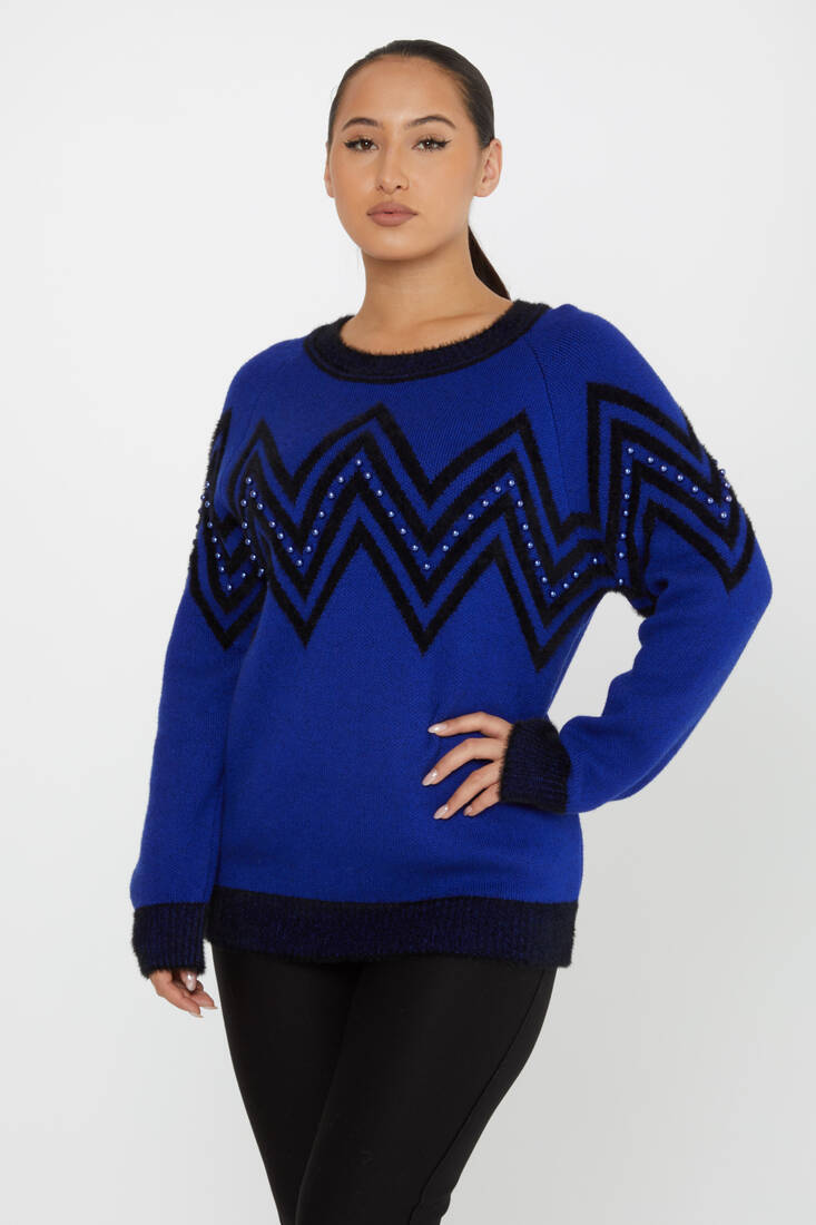 Women's Angora Sweater Zigzag Patterned Saxe - 30232 | KAZEE