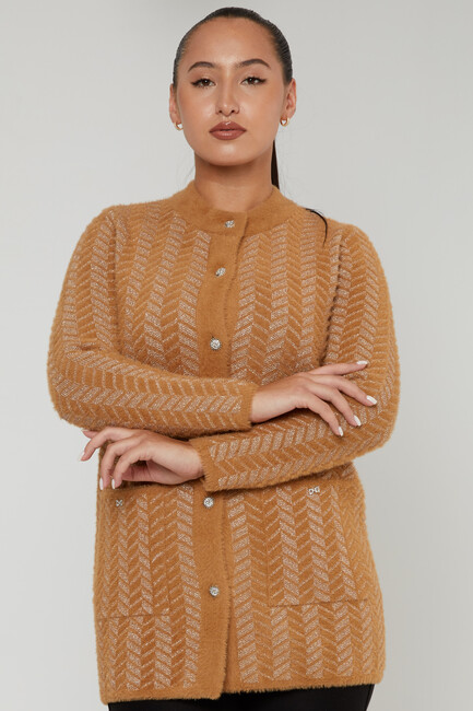 Women's Angora Cardigan Stripe Detail Camel - 30816 | KAZEE - Thumbnail