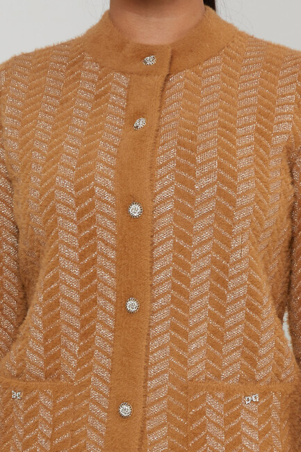 Women's Angora Cardigan Stripe Detail Camel - 30816 | KAZEE - Thumbnail