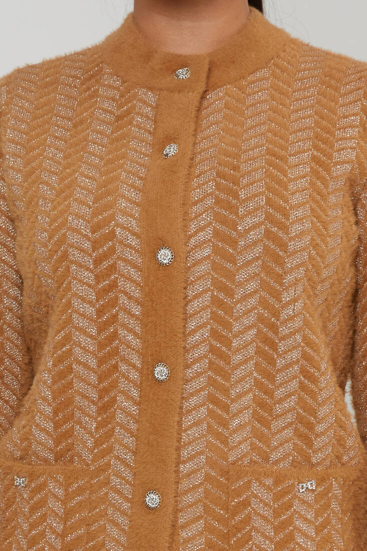 Women's Angora Cardigan Stripe Detail Camel - 30816 | KAZEE