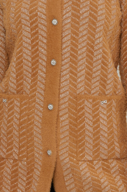 Women's Angora Cardigan Stripe Detail Camel - 30816 | KAZEE - Thumbnail