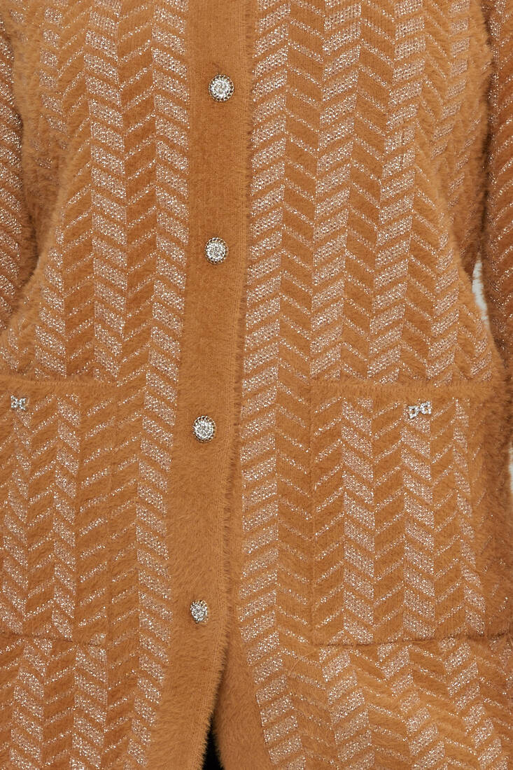 Women's Angora Cardigan Stripe Detail Camel - 30816 | KAZEE