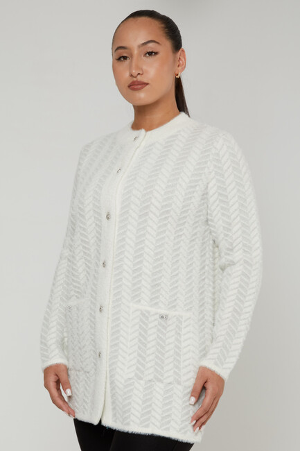 Women's Angora Cardigan Stripe Detail Ecru - 30816 | KAZEE - Thumbnail